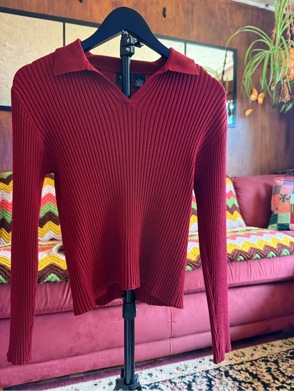 Vintage 90s Mossimo Stretch Ribbed Polo Sweater Top Red XL